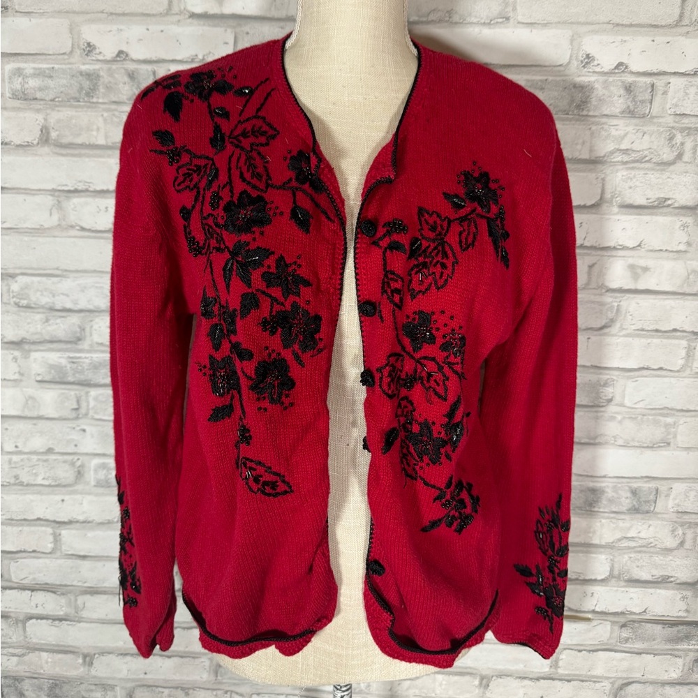 Heirloom Collection Red Black Floral Knit Cardigan